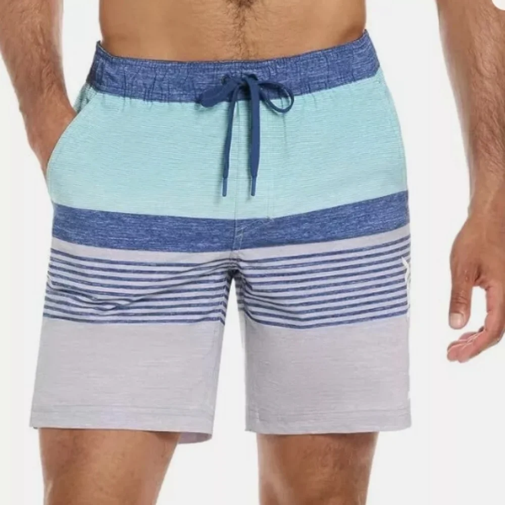 HURLEY,  BLUE AND GRAY STRIPED SWIM SHORTS, SIZE XXL
